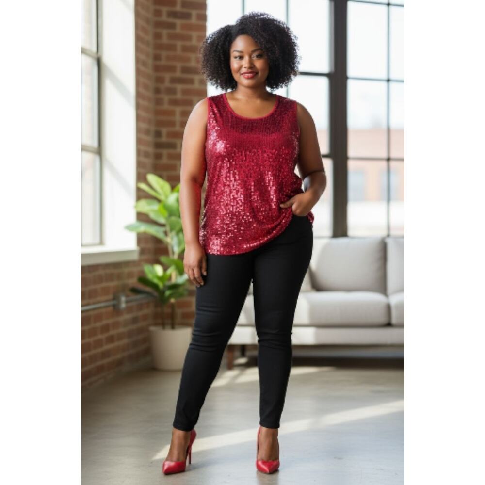 Red Holiday Sequins Tank Top Plus Sz 3X Shiny Under Sparkle Christmas Party Glam